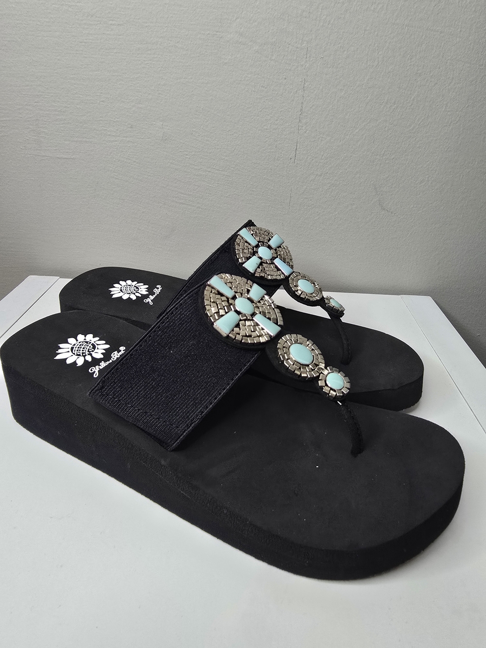 Yellow Box Black Platform Sandal with Turquoise Accents